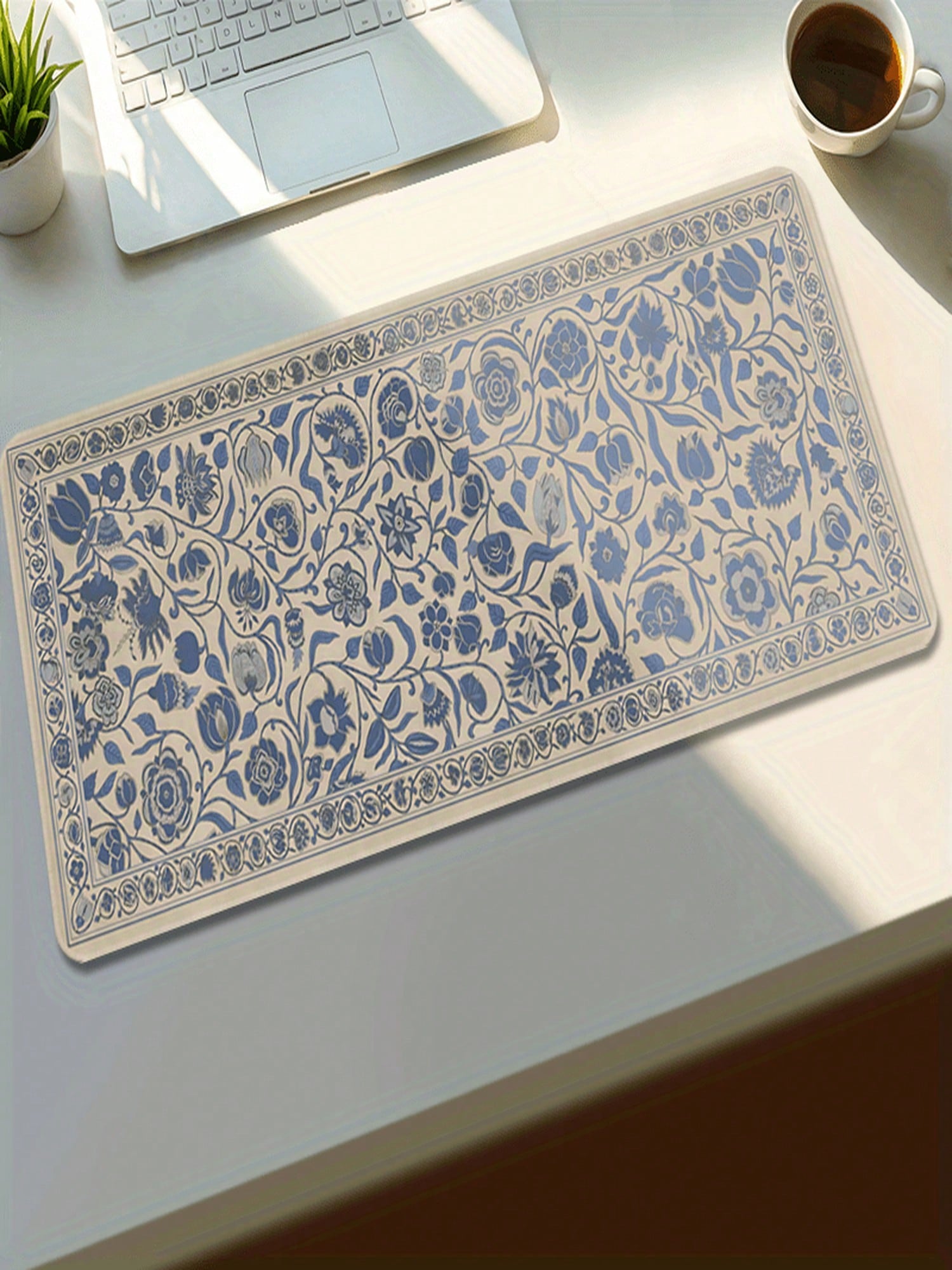 Retro Gaming Keyboard And Mouse - Elegant Floral Blue And Beige Retro