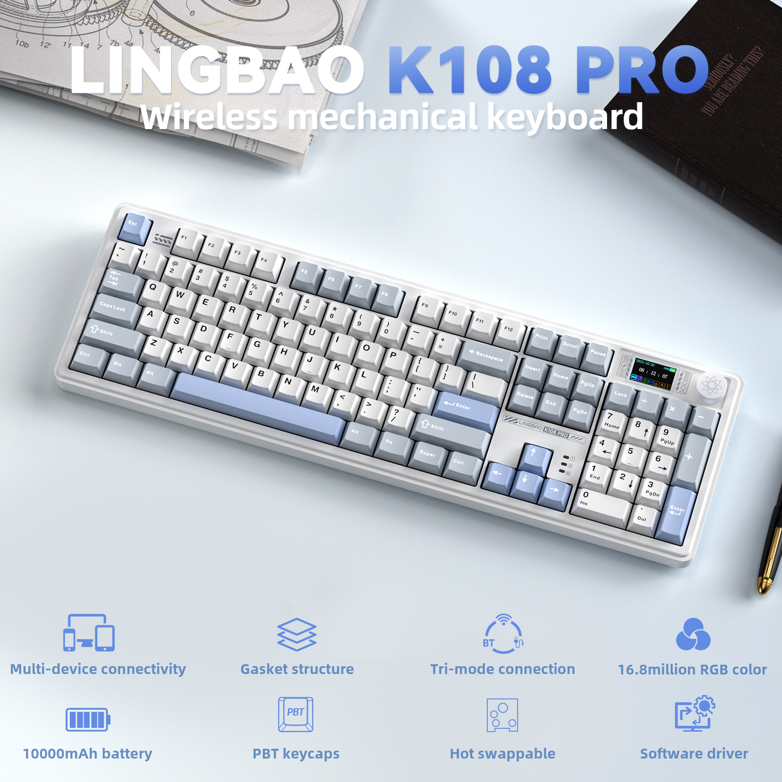 Retro Gaming Keyboard - LINGBAO K108pro Mechanical Keyboard Tri-mode Korean